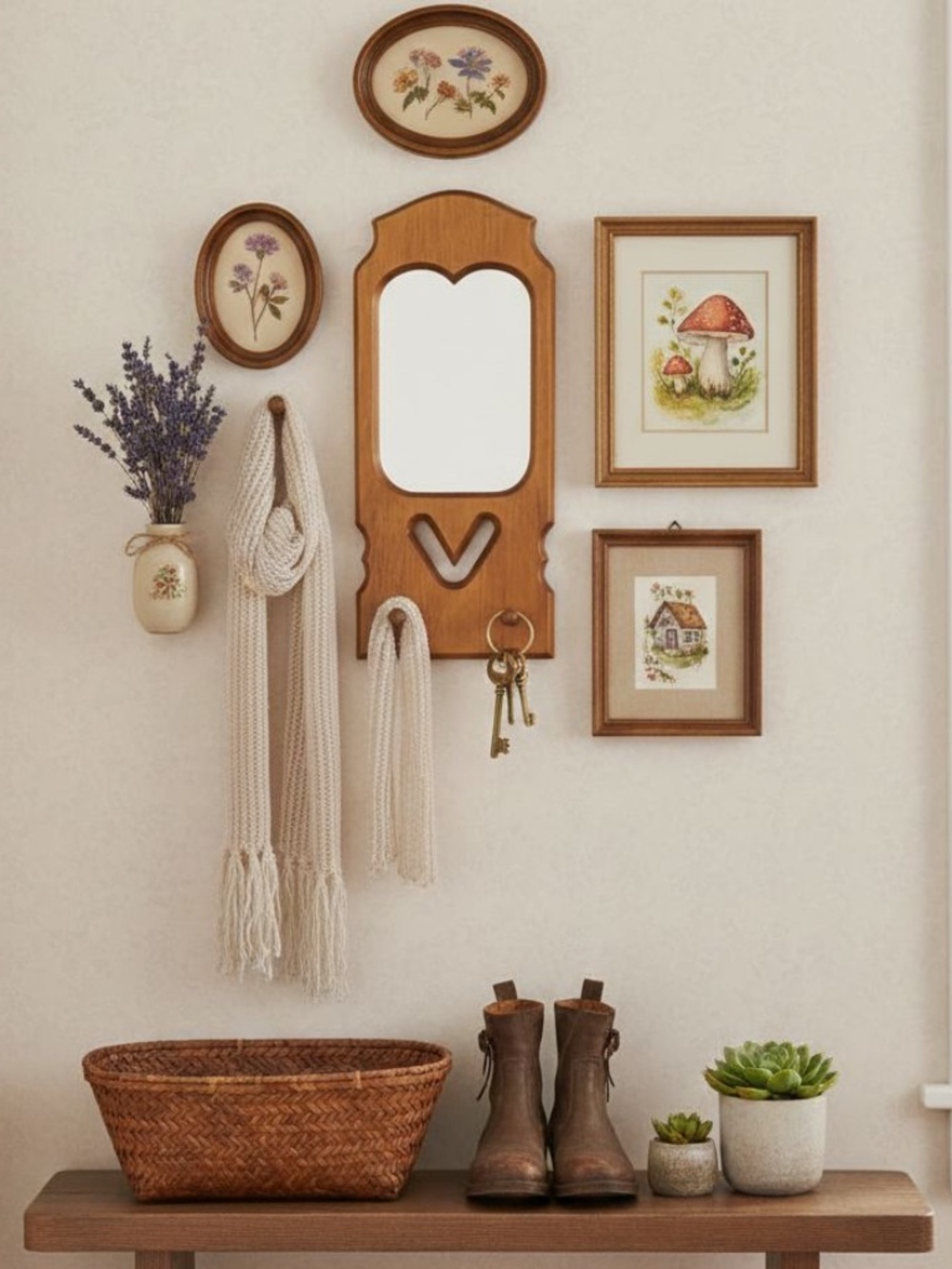 Vintage cut out Wood framed mirror Shaker peg hooks wall hanging